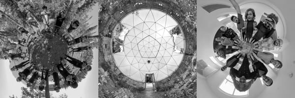 360 spherical photographs of people in a circle, a future garden dome, and the spherical studio team