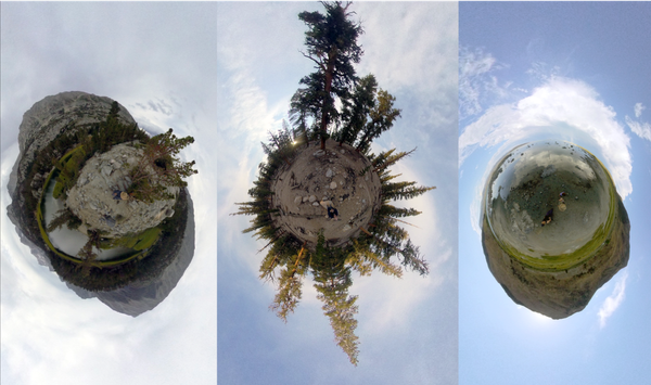 triptych of spherical tiny planets shot in great basin landscapes